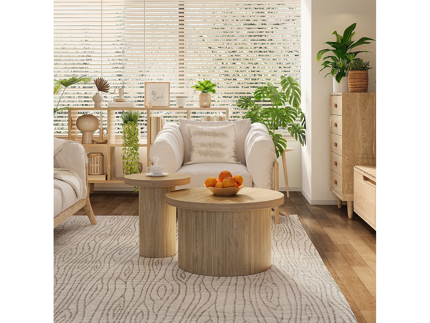 Dubbele ronde salontafel, bijzettafel met latten van natuurlijk hout – multifunctionele woonkamer tafel