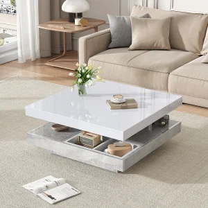 Dubbele functionele salontafel, hoogglans, 360° draaibaar blad, dubbele draaiplateaus met opbergruimte, wit met marmerlook. Dubbele functionele salontafel, hoogglans, 360° draaibaar blad, dubbele draaiplateaus met opbergruimte, wit met marmerlook.
