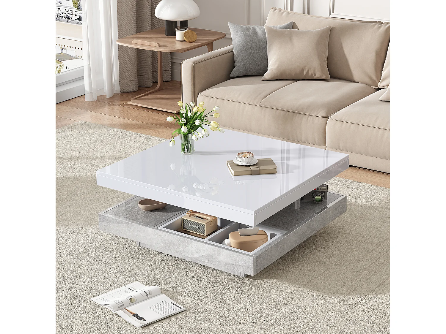 Dubbele functionele salontafel, hoogglans, 360° draaibaar blad, dubbele draaiplateaus met opbergruimte, wit met marmerlook.