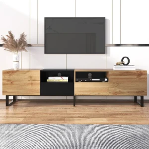 Estante de TV moderno com design preto e cor de madeira natural – amplo espaço de armazenamento e construção resistente para o seu sala