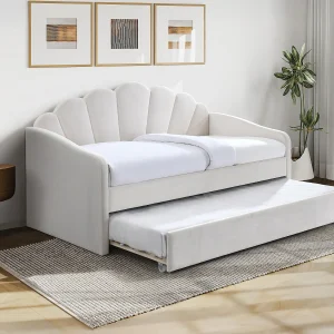 Uitschuifbaar schelpbed 2 x 90 x 190 cm fluweel beige – ELUSIA Uitschuifbaar schelpbed 2 x 90 x 190 cm fluweel beige – ELUSIA