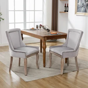 Eetkamerstoelset van 2, gestoffeerde stoel met spijkerkopafwerking, poten van massief hout, fluwelen bekleding, grijs Eetkamerstoelset van 2, gestoffeerde stoel met spijkerkopafwerking, poten van massief hout, fluwelen bekleding, grijs