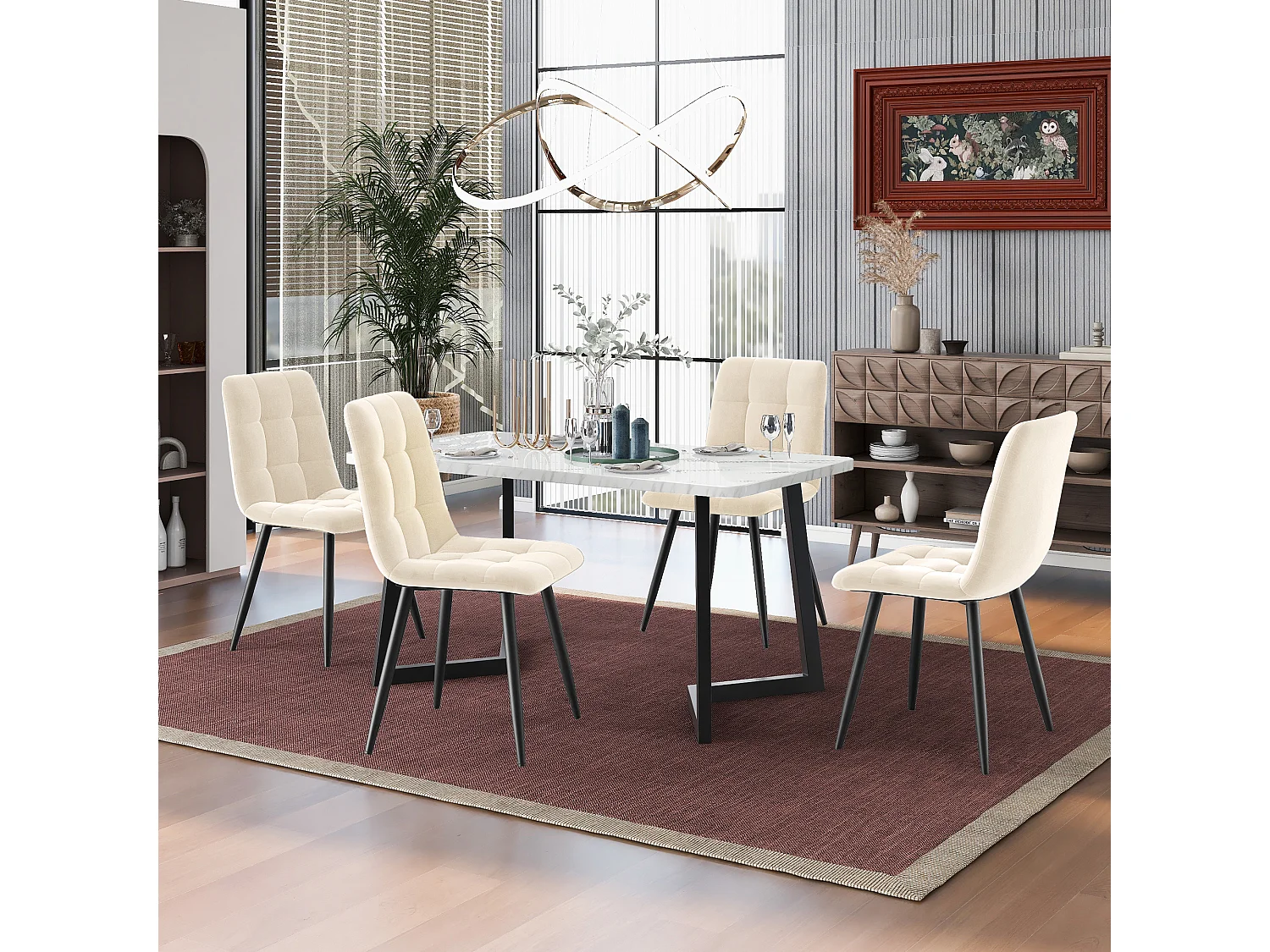Eetkamerstoelset van 4, beige, gestoffeerd stoelontwerp met rugleuning, fluweel, metalen frame