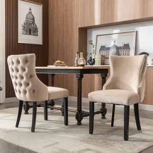 Eetkamerstoel set van 2, beige fluweel, met knoopjesstiksel, massief houten frame