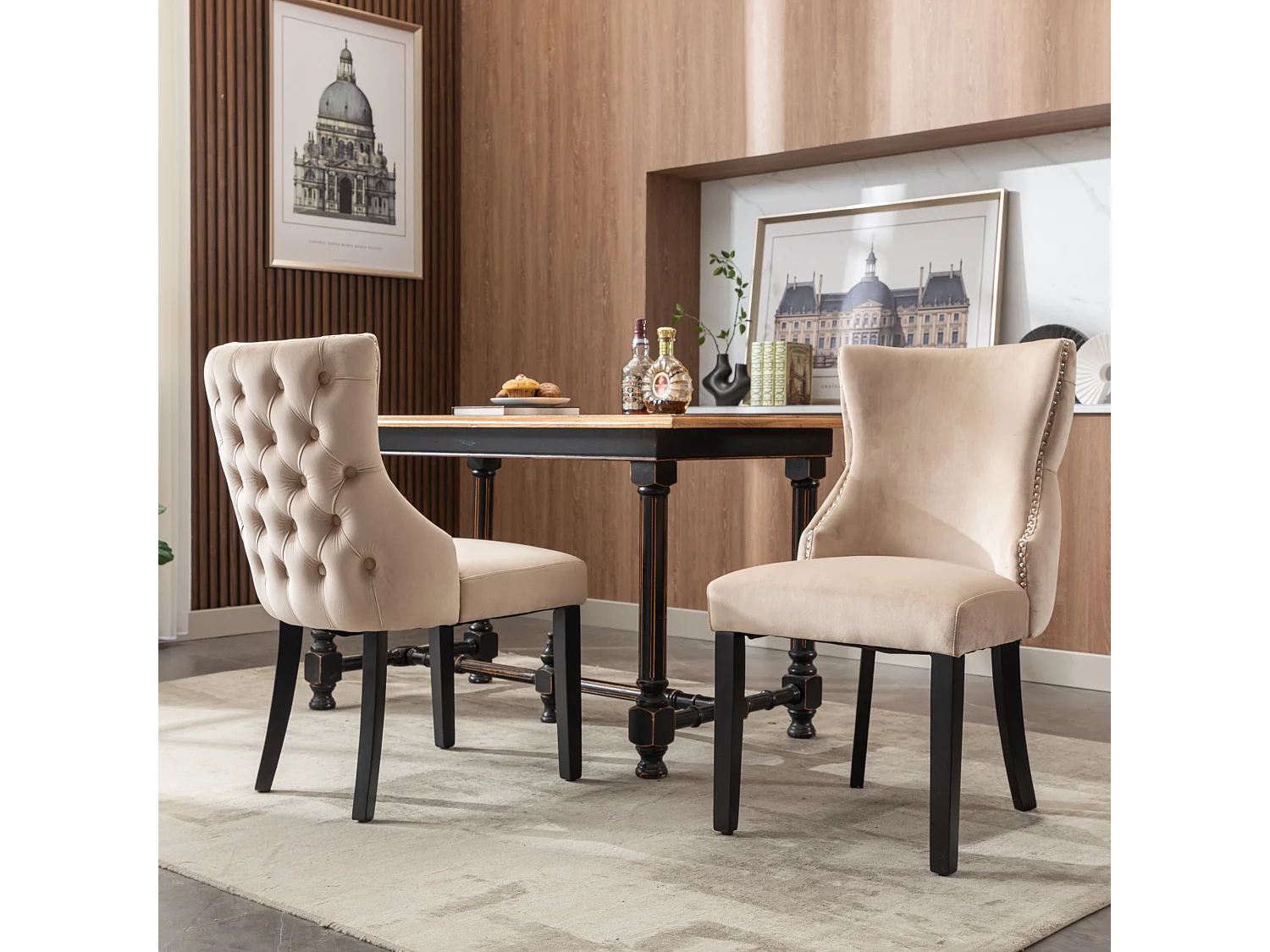 Eetkamerstoel set van 2, beige fluweel, met knoopjesstiksel, massief houten frame