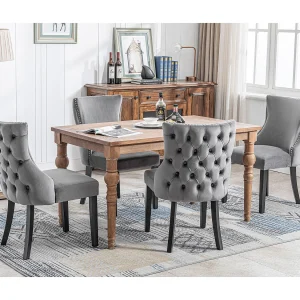 Eetkamerstoelset van 4, grijs fluweel, met knoopjesstiksel, frame van massief hout Eetkamerstoelset van 4, grijs fluweel, met knoopjesstiksel, frame van massief hout