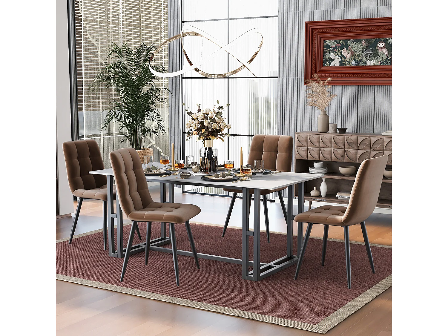 Eetkamerstoelset van 4, bruin, gestoffeerd stoelontwerp met rugleuning, fluweel, metalen frame
