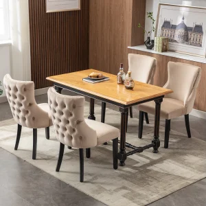 Eetkamerstoelset van 4, beige fluweel, met knoopjesstiksel, massief houten frame Eetkamerstoelset van 4, beige fluweel, met knoopjesstiksel, massief houten frame
