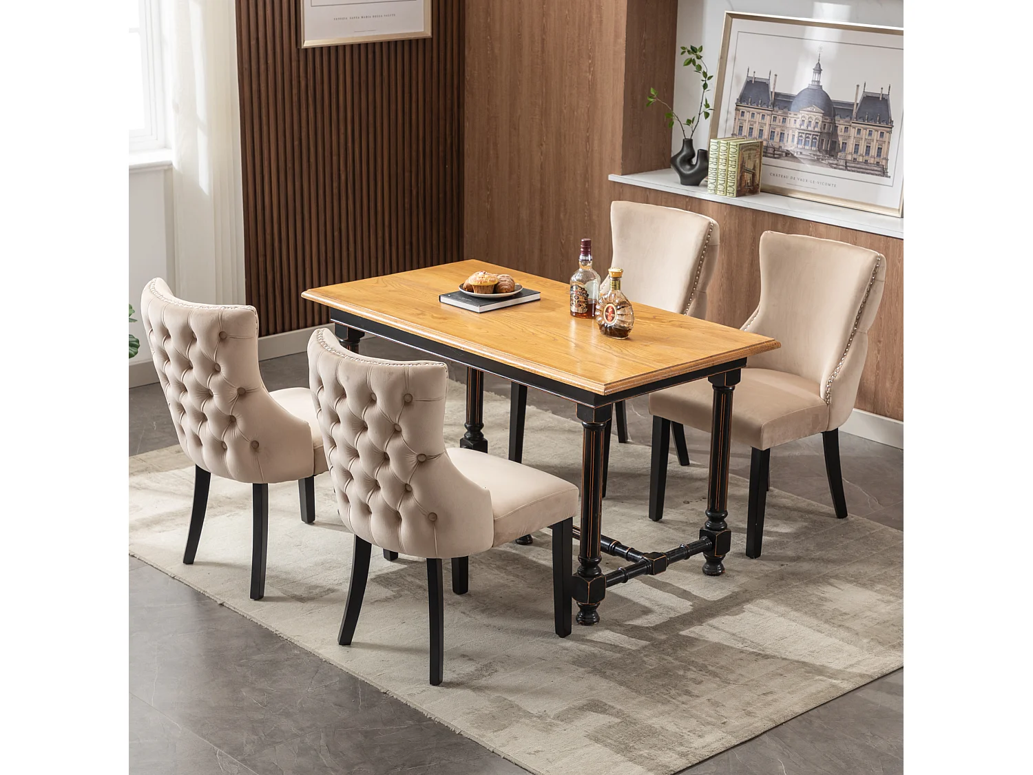 Eetkamerstoelset van 4, beige fluweel, met knoopjesstiksel, massief houten frame