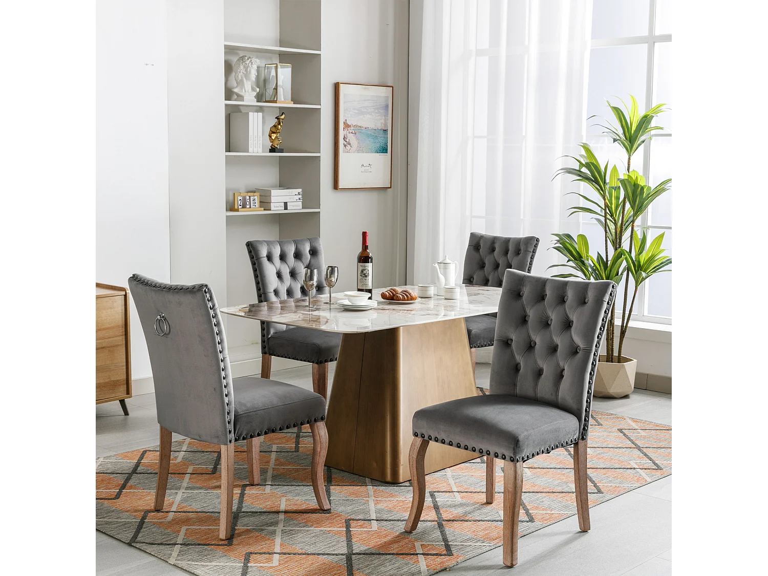 Eetkamerstoelset van 4, gestoffeerde stoel met spijkerkopafwerking, poten van massief hout, fluwelen bekleding, grijs, met deurklopperontwerp