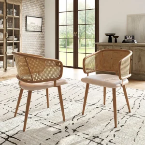 Eetkamerstoelen set van 2, met rotan rugleuning, PU leren zitkussen, comfortabel, ademend Eetkamerstoelen set van 2, met rotan rugleuning, PU leren zitkussen, comfortabel, ademend