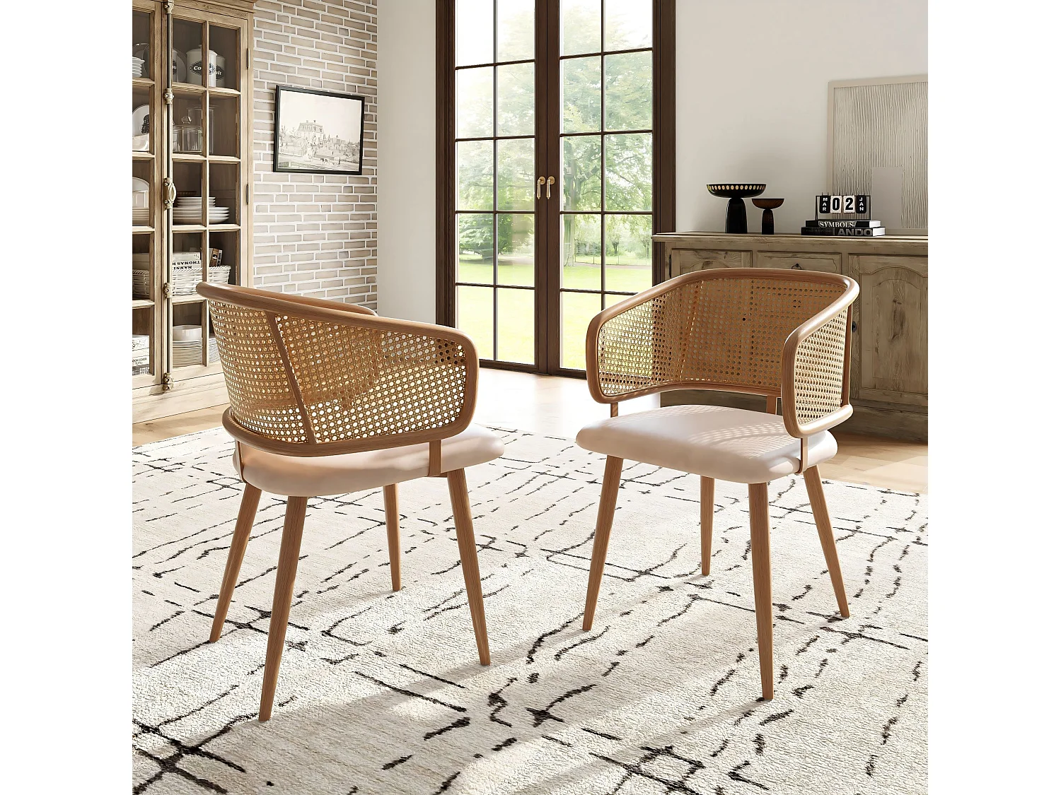 Eetkamerstoelen set van 2, met rotan rugleuning, PU leren zitkussen, comfortabel, ademend