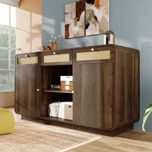 Dressoir van notenhout – 120 x 40 x 85 cm – met 3 rotan lades + 2 deuren + open plank – MDF + spaanplaat – bruin