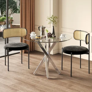Eettafel en 2 stoelenset – 80 x 80 x 75 cm – tafelblad van gehard glas – fluweel + metaal – zwart