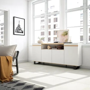 Dressoir, Opbergkast, 200x35x87cm, 4 Deuren, Industrieel design, Wit en Eiken soft Dressoir, Opbergkast, 200x35x87cm, 4 Deuren, Industrieel design, Wit en Eiken soft