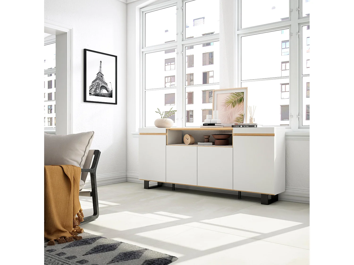 Dressoir, Opbergkast, 200x35x87cm, 4 Deuren, Industrieel design, Wit en Eiken soft