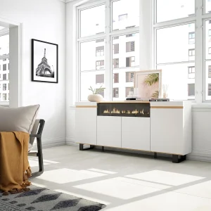 Dressoir, Opbergkast, 200x35x87cm, 4 Deuren, Elektrische haard, Industrieel design, Wit en Eiken soft Dressoir, Opbergkast, 200x35x87cm, 4 Deuren, Elektrische haard, Industrieel design, Wit en Eiken soft