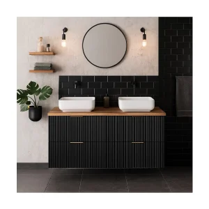 Ensemble meuble sous vasque NOXERA 120 cm – Zwart mat en eiken – 2 meubels + blad voor wastafel Ensemble meuble sous vasque NOXERA 120 cm – Zwart mat en eiken – 2 meubels + blad voor wastafel