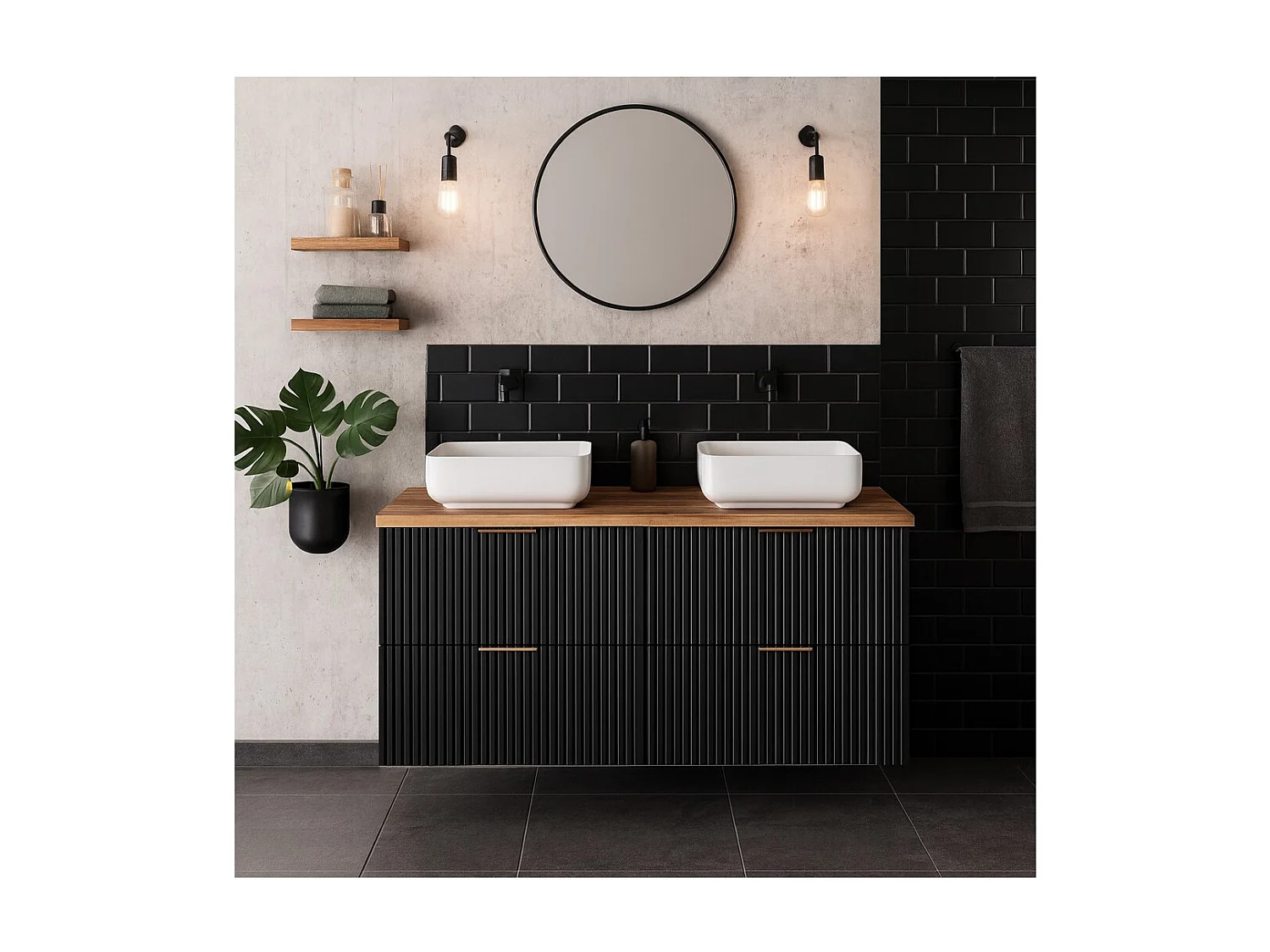 Ensemble meuble sous vasque NOXERA 120 cm – Zwart mat en eiken – 2 meubels + blad voor wastafel