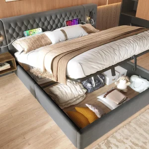 Fluwelen opbergbed 180×200 cm – 2 nachtkastjes + 2 leeslampjes met USB-aansluiting – Grijs (matras niet inbegrepen) Fluwelen opbergbed 180×200 cm – 2 nachtkastjes + 2 leeslampjes met USB-aansluiting – Grijs (matras niet inbegrepen)