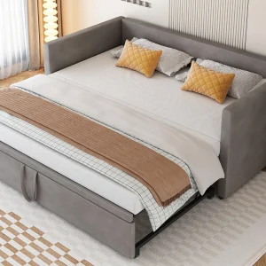 Fluwelen onderschuifbed met lattenbodem – 90/180x200cm – Grijs Fluwelen onderschuifbed met lattenbodem – 90/180x200cm – Grijs