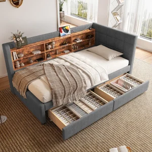Eenpersoonsbed 90 x 200 cm – Slaapbank met 2 lades en USB-lader – veel opbergruimte – grijs linnen – matras niet inbegrepen