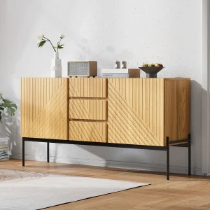 Dressoir met 2 deuren en 3 laden, 75x140x40 cm, dressoir met verstelbare planken en metalen poten, naturel Dressoir met 2 deuren en 3 laden, 75x140x40 cm, dressoir met verstelbare planken en metalen poten, naturel