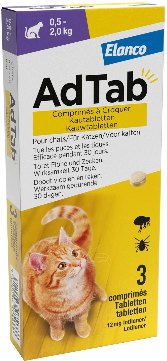 AdTab kauwtablet anti vlooien en teken voor katten van 0,5 x 2 kg 3 stuks