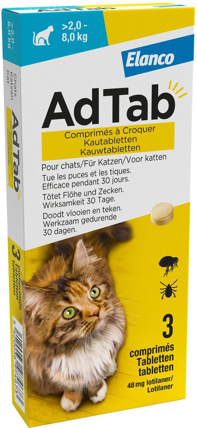 AdTab kauwtablet anti vlooien en teken voor katten van 2 x 8 kg 3 stuks