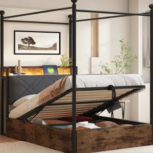 Dubbelbed met opbergruimte 90×190 cm – met metalen hemelbed – Verwijderbare bedposten – met LED en USB/Type-C-poort – Zwart Dubbelbed met opbergruimte 90×190 cm – met metalen hemelbed – Verwijderbare bedposten – met LED en USB/Type-C-poort – Zwart