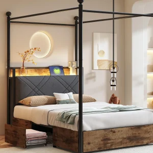 Dubbelbed 90×190 cm – LED-verlichting + USB/Type-C oplaadpoort – 3 lades – Verwijderbare bedposten – Zwart Dubbelbed 90×190 cm – LED-verlichting + USB/Type-C oplaadpoort – 3 lades – Verwijderbare bedposten – Zwart