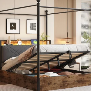 Dubbelbed met opbergruimte 140×190 cm – met metalen hemelbed – Verwijderbare bedposten – met LED en USB/Type-C-poort – Zwart Dubbelbed met opbergruimte 140×190 cm – met metalen hemelbed – Verwijderbare bedposten – met LED en USB/Type-C-poort – Zwart