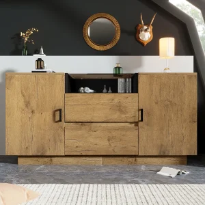 Dressoir in eikenlook met 2 lades en 2 deuren, verstelbare planken – zwarte handgrepen Dressoir in eikenlook met 2 lades en 2 deuren, verstelbare planken – zwarte handgrepen