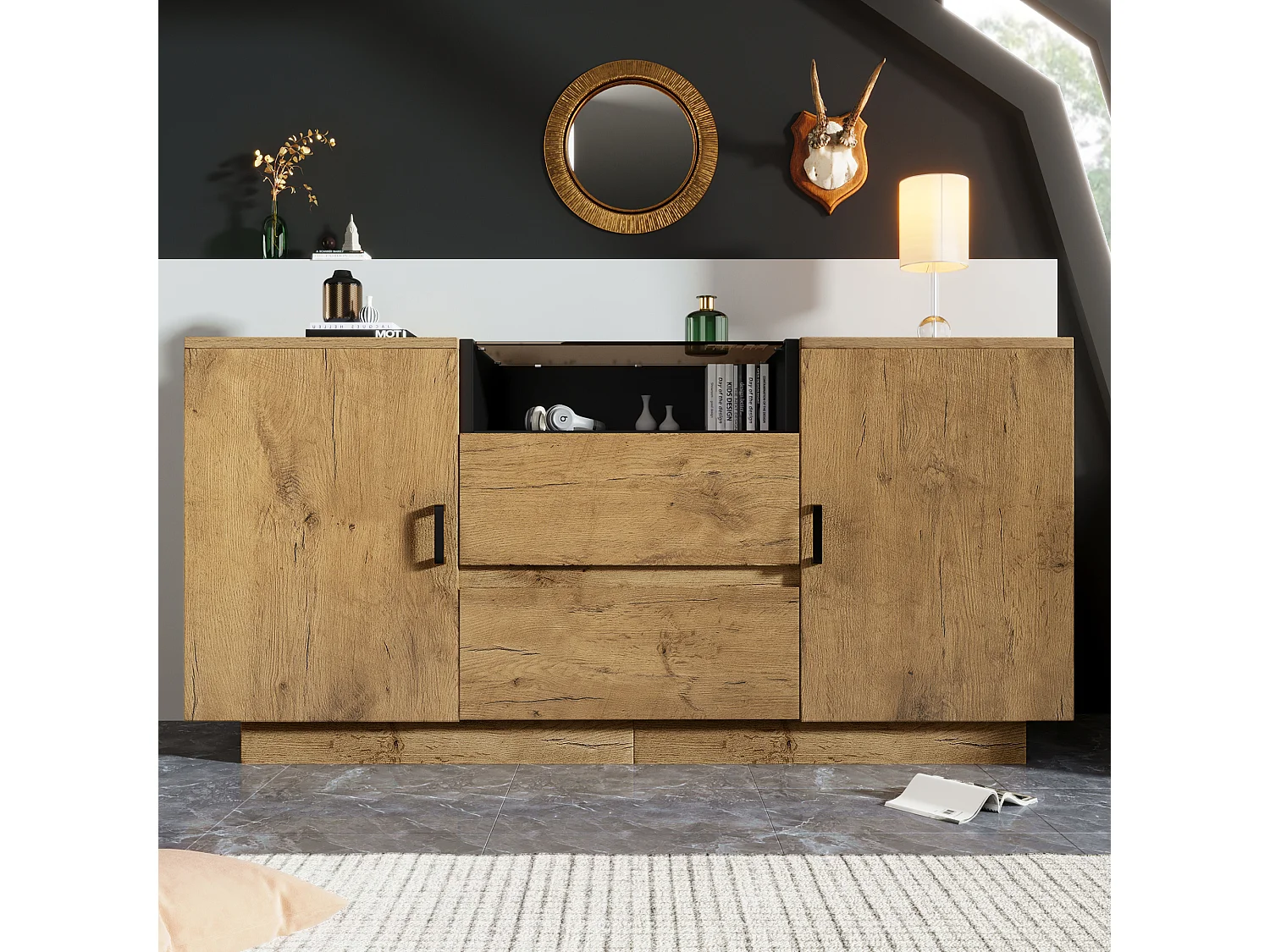Dressoir in eikenlook met 2 lades en 2 deuren, verstelbare planken - zwarte handgrepen