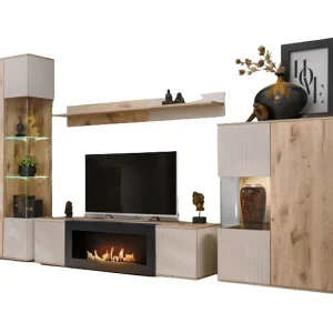 ERINA woonkamerset – Vitrinekast, tv-meubel met bio-ethanol haard, wandplank en hoog dressoir – Licht eiken en beige ERINA woonkamerset – Vitrinekast, tv-meubel met bio-ethanol haard, wandplank en hoog dressoir – Licht eiken en beige