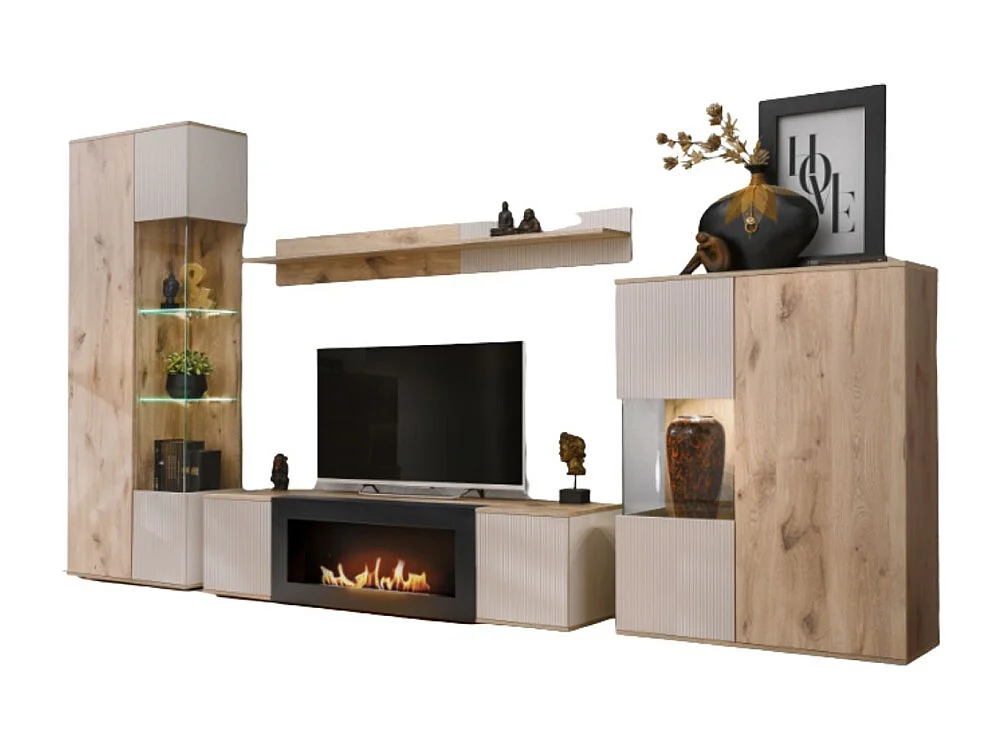 ERINA woonkamerset - Vitrinekast, tv-meubel met bio-ethanol haard, wandplank en hoog dressoir - Licht eiken en beige