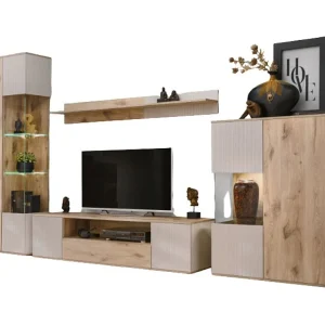 ERINA woonkamerset – Vitrinekast, tv-meubel, wandplank en hoog buffet – Licht eiken en beige ERINA woonkamerset – Vitrinekast, tv-meubel, wandplank en hoog buffet – Licht eiken en beige