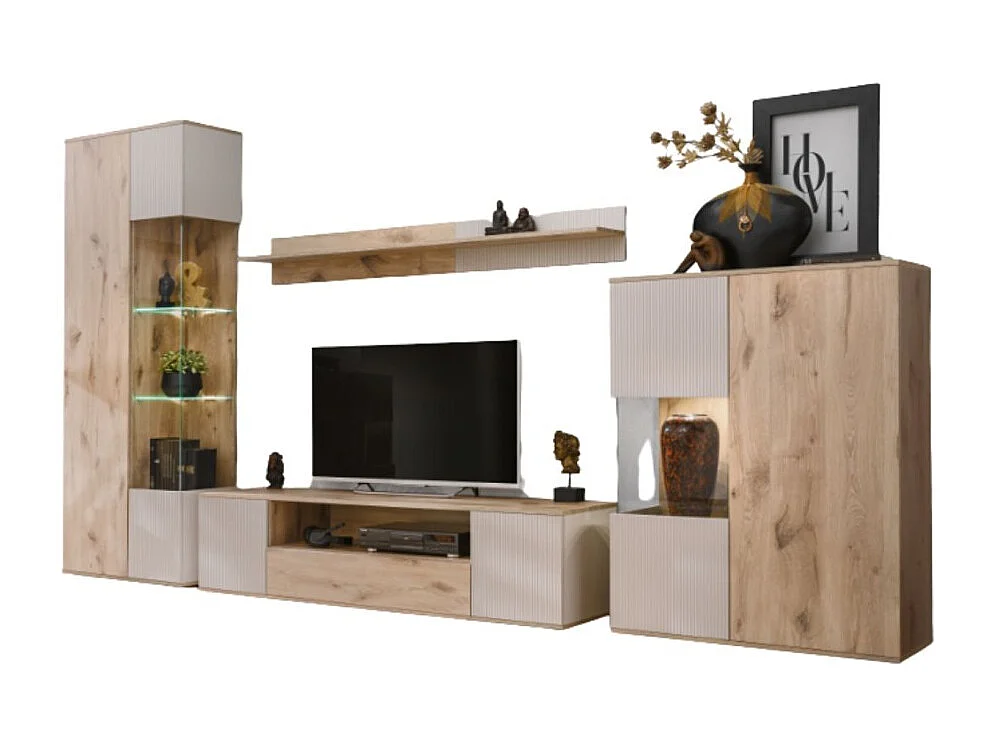 ERINA woonkamerset - Vitrinekast, tv-meubel, wandplank en hoog buffet - Licht eiken en beige