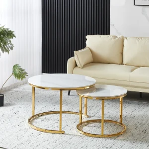 EleganceEssentials – Luxe Salontafel Set van 2 – Ronde Tafels Ø70 & Ø50 cm – Wit Marmerlook Steen Blad – Gouden Glazend Metalen Poten EleganceEssentials – Luxe Salontafel Set van 2 – Ronde Tafels Ø70 & Ø50 cm – Wit Marmerlook Steen Blad – Gouden Glazend Metalen Poten