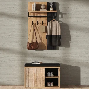 Garderobeset – 1 kapstok en 1 schoenmeubel – met kussen en 3 haken – Natuur + Zwart Garderobeset – 1 kapstok en 1 schoenmeubel – met kussen en 3 haken – Natuur + Zwart