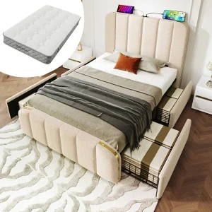 Eenpersoonsbed met gestoffeerd hoofdbord, beige linnen stof, 4 lades, USB Type-C, 90×200 cm (Afmetingen: 215x98x101 cm) Eenpersoonsbed met gestoffeerd hoofdbord, beige linnen stof, 4 lades, USB Type-C, 90×200 cm (Afmetingen: 215x98x101 cm)