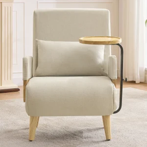 Drie-in-één slaapfauteuil met slaapfunctie, voorzien van een houten dienblad, beige Drie-in-één slaapfauteuil met slaapfunctie, voorzien van een houten dienblad, beige