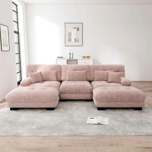Extra brede U-vormige wolkenbank, slaapbank met voetensteun, chenille, roze Extra brede U-vormige wolkenbank, slaapbank met voetensteun, chenille, roze