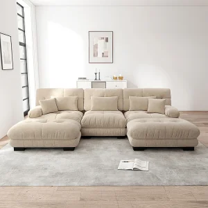 Extra brede U-vormige wolkenbank, slaapbank met voetensteun, chenille, beige Extra brede U-vormige wolkenbank, slaapbank met voetensteun, chenille, beige