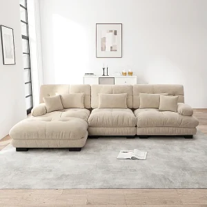 Extra grote L-vormige bank, geschikt voor de woonkamer, met voetenbank, geribbeld fluweel, beige Extra grote L-vormige bank, geschikt voor de woonkamer, met voetenbank, geribbeld fluweel, beige