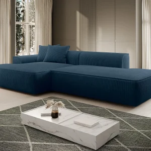 Linkse hoekbank van blauwe ribfluweel ERYNEL Linkse hoekbank van blauwe ribfluweel ERYNEL