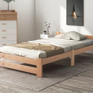 Eenpersoonsbed in massief hout 90x200cm met hoofdeinde en lattenbodem – Naturel Eenpersoonsbed in massief hout 90x200cm met hoofdeinde en lattenbodem – Naturel