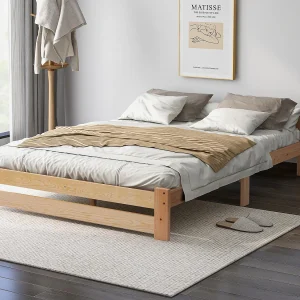 Eenpersoonsbed in massief hout 140x200cm met hoofdeinde en lattenbodem – Naturel Eenpersoonsbed in massief hout 140x200cm met hoofdeinde en lattenbodem – Naturel