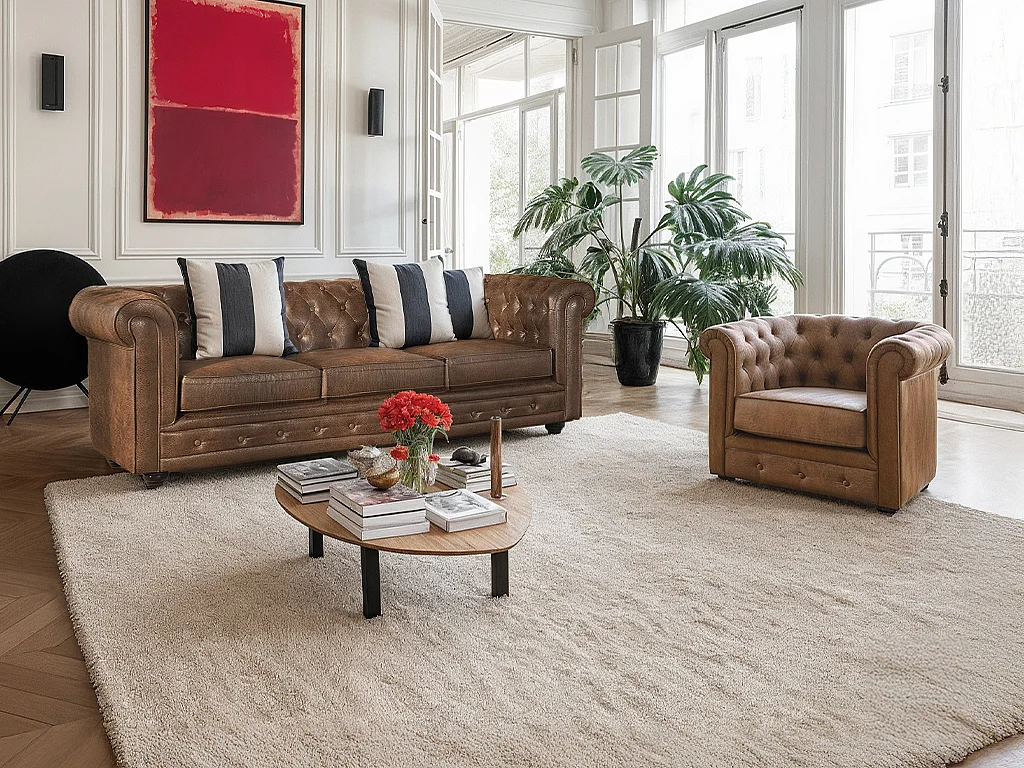 Driezitsbank en fauteuil CHESTERFIELD met vintage look
