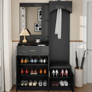 Garderobeset 110x33x185,5 cm – 3 deuren en 1 lade – Schoenmeubel en schoenbank – met spiegel – Zwart Garderobeset 110x33x185,5 cm – 3 deuren en 1 lade – Schoenmeubel en schoenbank – met spiegel – Zwart